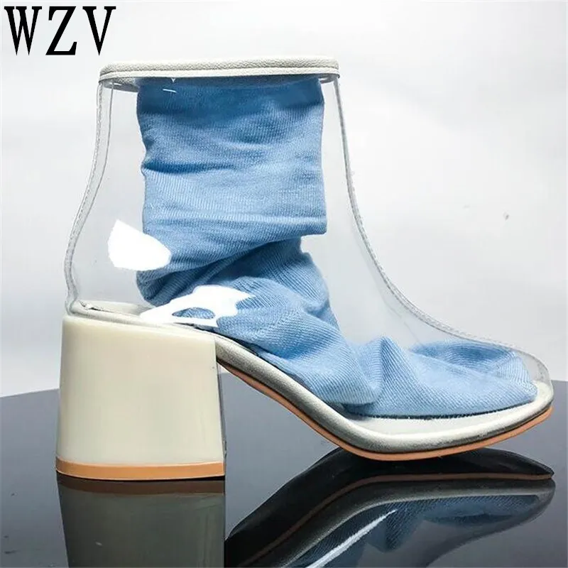 

2018 new PVC Women Boots Thick high heel Ankle Boots ins trend Transparent Women Martin boots Autumn Shoes Women E247