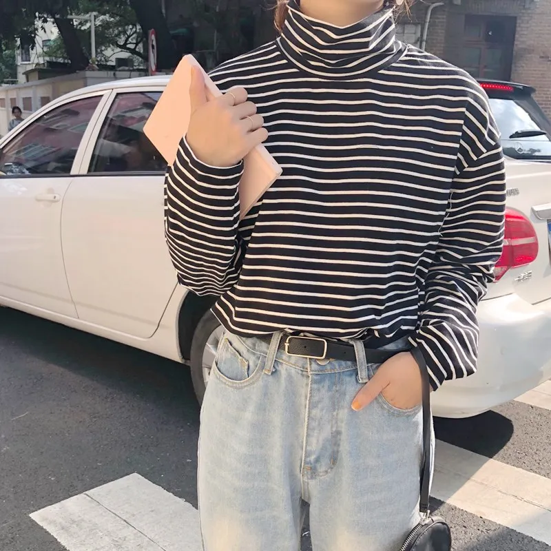Женская водолазка в Корейском стиле Футболка Harajuku топ с длинными рукавами топы