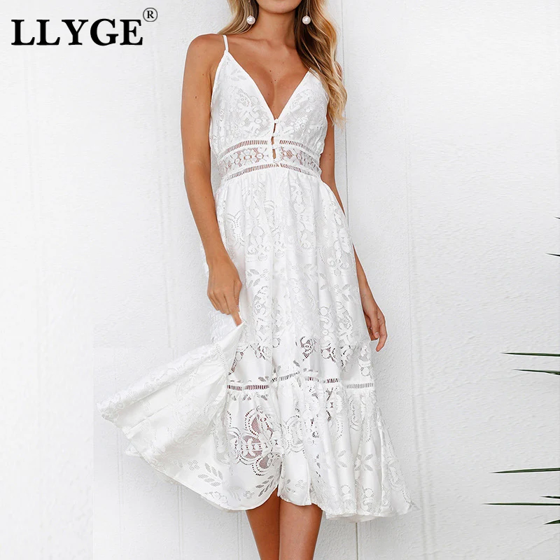 

Vintage Spaghetti Strap V-neck Women's Dress Sexy Solid White Hollw Out Ladies Dresses 2019 Summer Fashion Casual Female Vestido