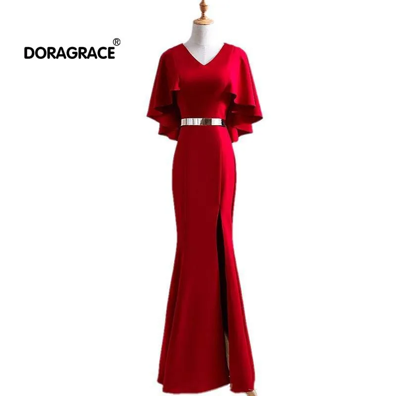 

Doragrace Real Photo robe de soiree V Neck Side Split Mermaid Prom Dresses Long Red Evening Party Dresses