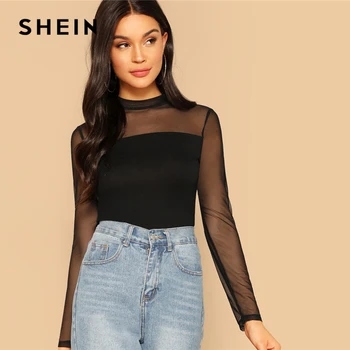 

SHEIN Glamorous Black Mock Neck Mesh Shoulder Slim Fit Top Tee 2019 Summer Women Minimalist Highstreet Stand Collar Tshirt Tops