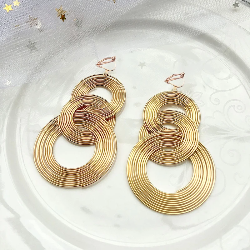 Ear Clip Earrings Punk Gold Color Big Geometric 3 Circle Long For Women Bohemian Party Exaggerated Fashion Jewelry