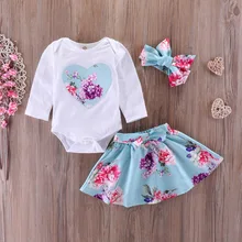 Юбка-пачка с цветочным принтом для маленьких девочек+ боди с длинными рукавами и сердечками+ повязка на голову, вечерние костюмы принцессы из 3 предметов комплекты одежды для младенцев