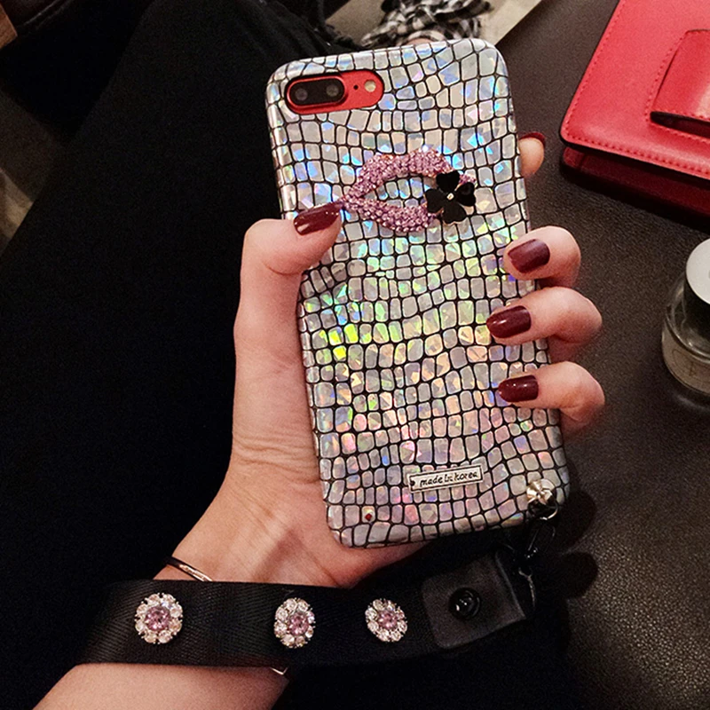 Aoweziic Laser XS XR MAX mobile phone shell luxury For iphone X leather lip hanging 6S 7 8Plus Chao brand air water drill girl