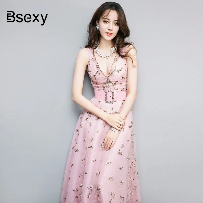 

High Quality Runway Dress Women Vintage Deep V neck Sleeveless Floral Embroidery Mesh Long Dress Luxury Party robe mariage femme
