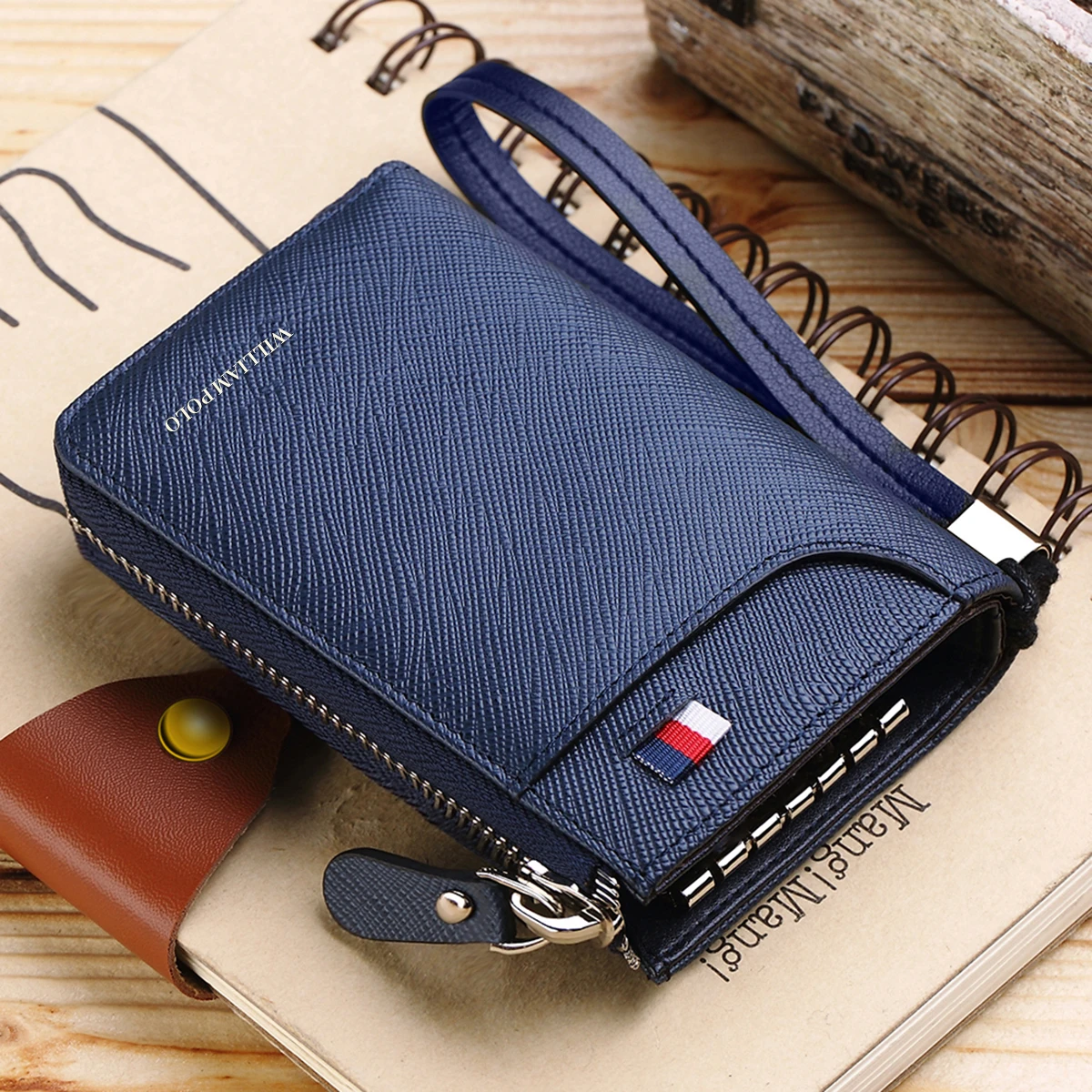 

WilliamPOLO Genuine Leather Key Case Wallet Keychain Organizer Car Key Holder Credit Card Cash Purse Khaki Black Blue Claret