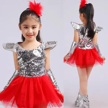 

Girls Red Modern Jazz dancewear dress Costumes Kids Sequined Stage Dancewea Halloween Costume Fancy Dress