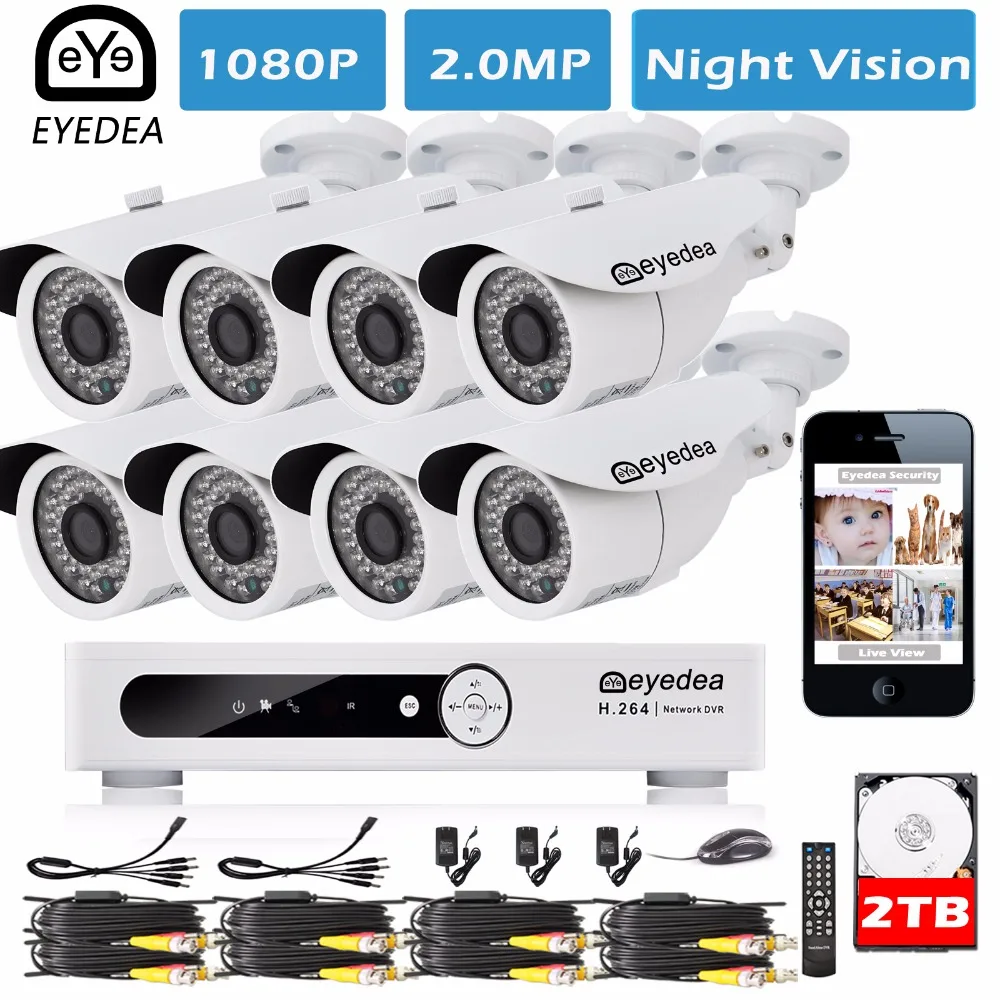 

Eyedea 8 CH Email Alarm Phone View Video DVR 2.0MP 1080P White Bullet Outdoor LED Surveillance CCTV Security Camera System 2TB
