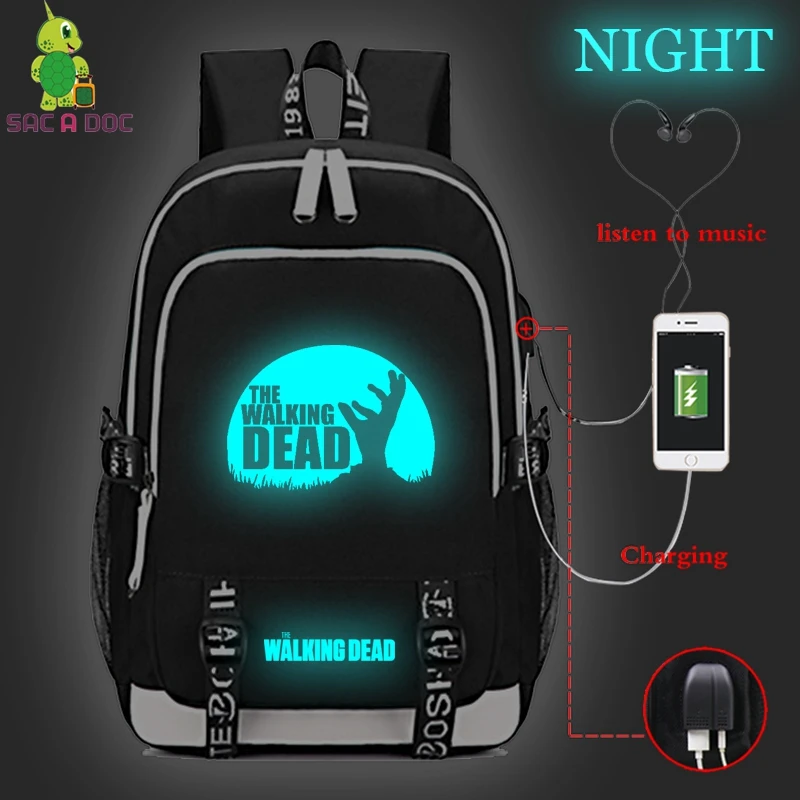 

Walking Dead Luminous Backpack Men & Women Travel Backpacks Laptop Bag College Bags Usb Charging Port Lock &Headphone Interface