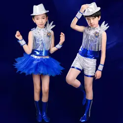 Детская Джаз латиноамериканское танцевальное Танцы костюмы для мальчиков и девочек современный Танцы пайетки перо улице Танцы подиумный