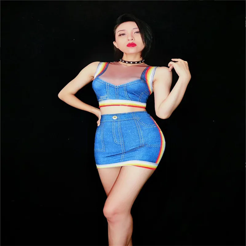 

F52 Print jeans women jumpsuit sexy Short skirt dj catwalk bodysuit party wears prom ballroom costumes models dress wears singe