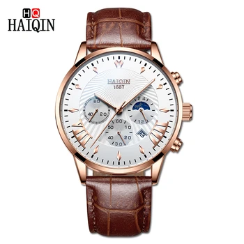 

HAIQIN Men's Quartz Watches New Waterproof Business Wristwatch Leather Strap Sports Calendar Watch Men Stopwatch Chronograph