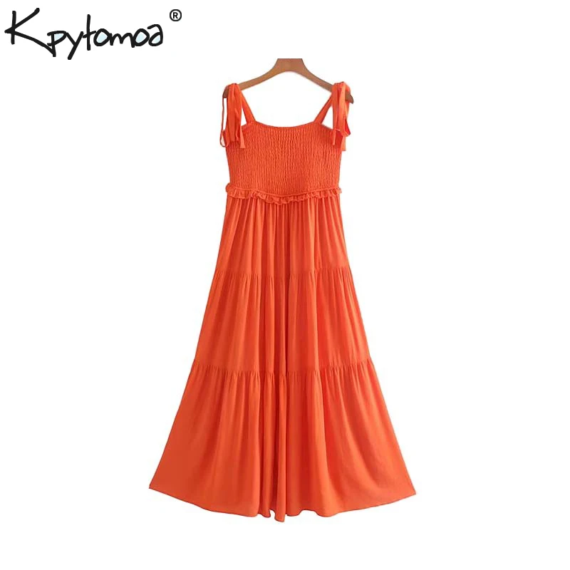 

Vintage Chic Solid Ruffles Pleated Midi Dress Women 2019 Fashion Bow Tie Adjustable Strap Elastic Dresses Casual Vestidos Mujer