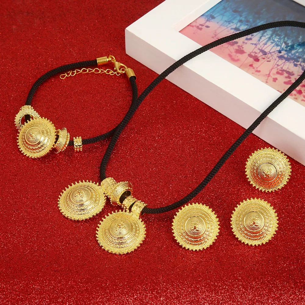 

New Ethiopian Jewelry Set Gold Color Necklace Pendant Earrings Ring Bracelet African Wedding Jewelry