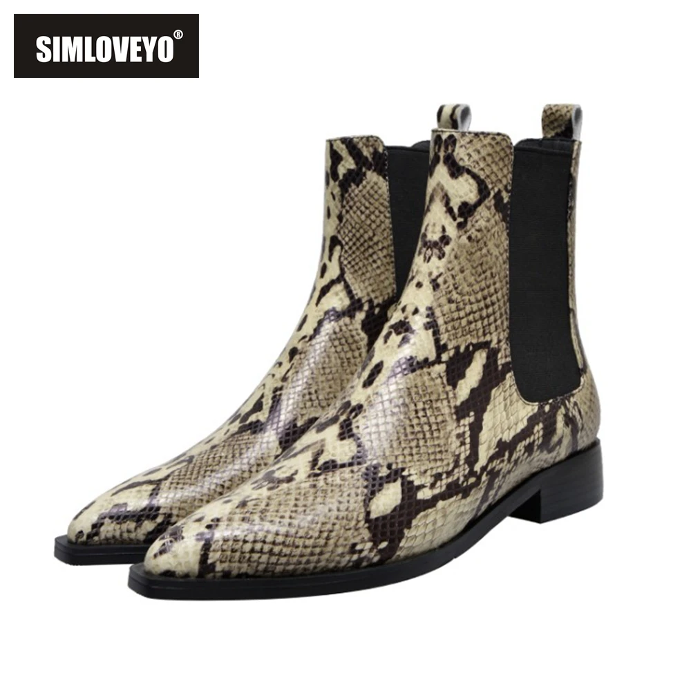 

SIMLOVEYO Women ankle boots Snake Leather Chelsea boots Square heel Pointed toe Slip on Party Casual Autumn Winter Big size 40