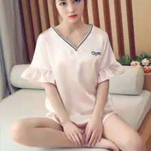Летние пижамы с короткими рукавами из двух частей, летние шелковые пикантные тонкие шелковые милые женские домашние платья, костюм