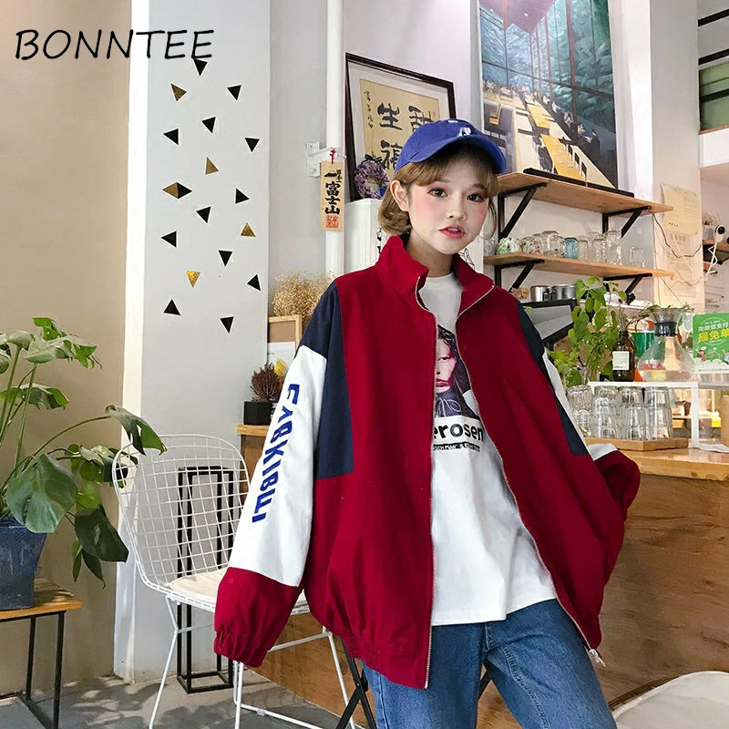 

Women Jackets Oversize Patchwork Chic Harajuku BF All-match Korean Loose Letter Printed Casual Zipper Pockets Womens Jacket Cute