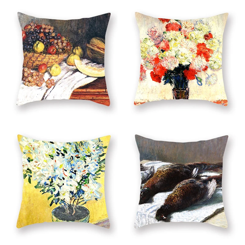 

Floral Fruit Still Life Cushion Pillow Cover Pad Set Monet Oil Painting Pear Bouquet Sketch Pillow Decoration Vintage Chair