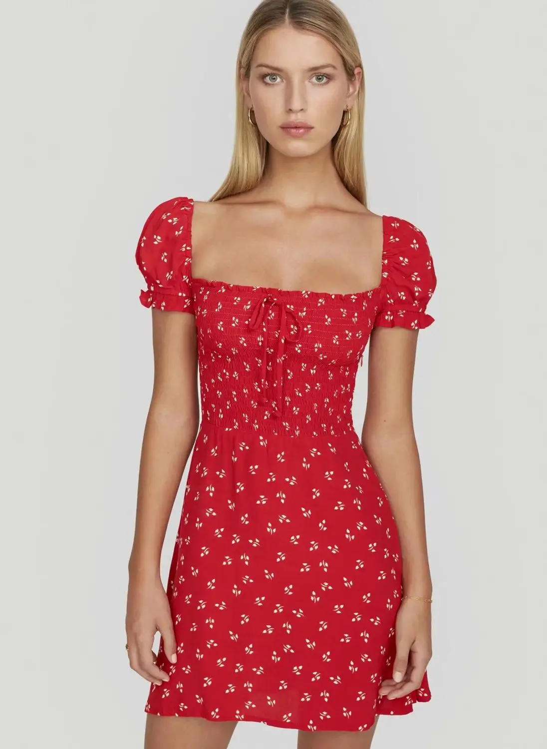 

Summer Chiffon Red Short Dress Vintage Floral Print Loose Dress Elegant Lace up Party Mini Dress 2019 Women Summer Dress TS87