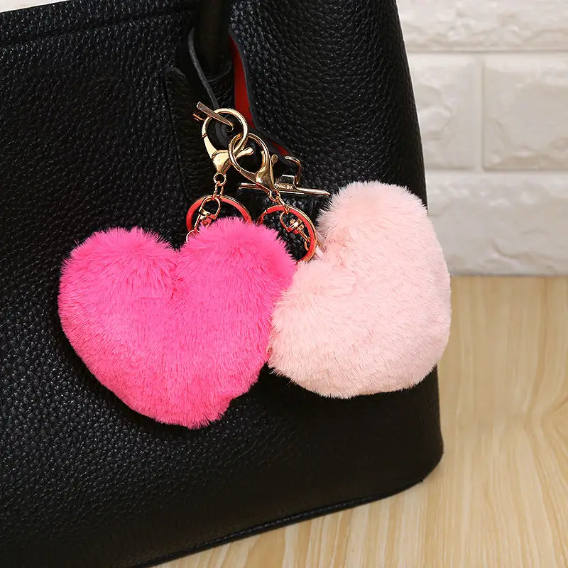 

8CM Fluffy Fur Pompom Keychain Soft Lovely Heart Shape Pompon Faux Bunny Rabbit Fur Pom Poms Ball Car Handbag Key Ring Gift