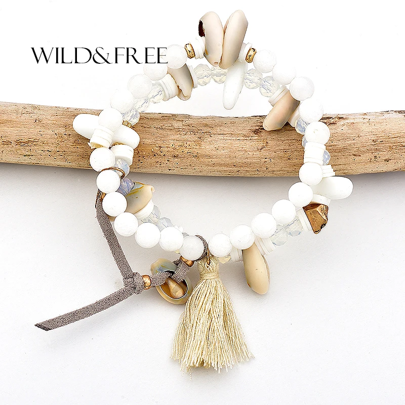 

WILD & FREE Boho Style Charms Stretch Beads Bracelets for Women Natural Shell White Stone Beads & Beige Tassel Fashion Jewelry