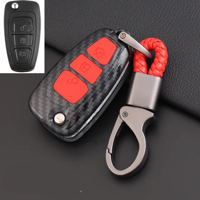 ABS Carbon Fiber Shell+Silicone 3 Button Key Case Cover Key Protector For Ford Ranger C-Max S-Max Focus Galaxy Mondeo Transit To E-red