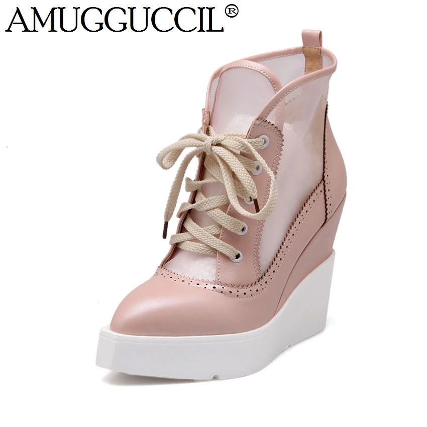 

2019 New Beige Black Pink Lace Up Cut-Outs Fashion High Heel Platform Wedges Spring Autumn Females Lady Shoes Women Pumps X1198