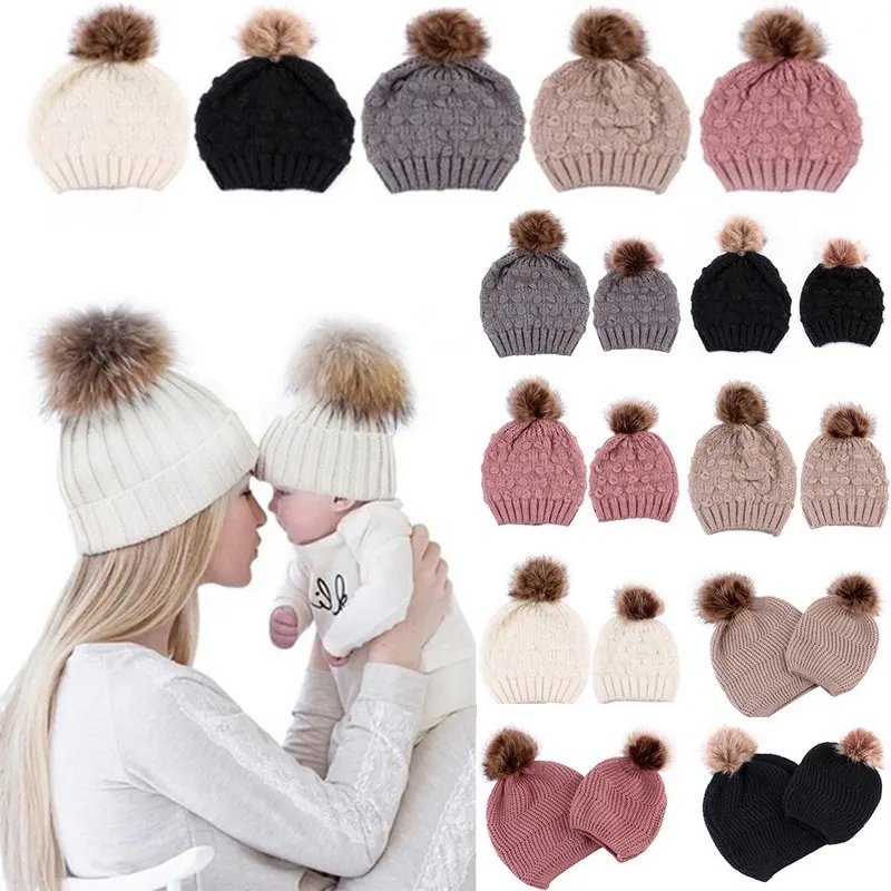 

5 Colors Parent-child Caps with Pompon Warm Raccoon Fur Bobble Beanie Kids Cotton Knitted Mom Baby Hat Winter Caps Xmas Gift