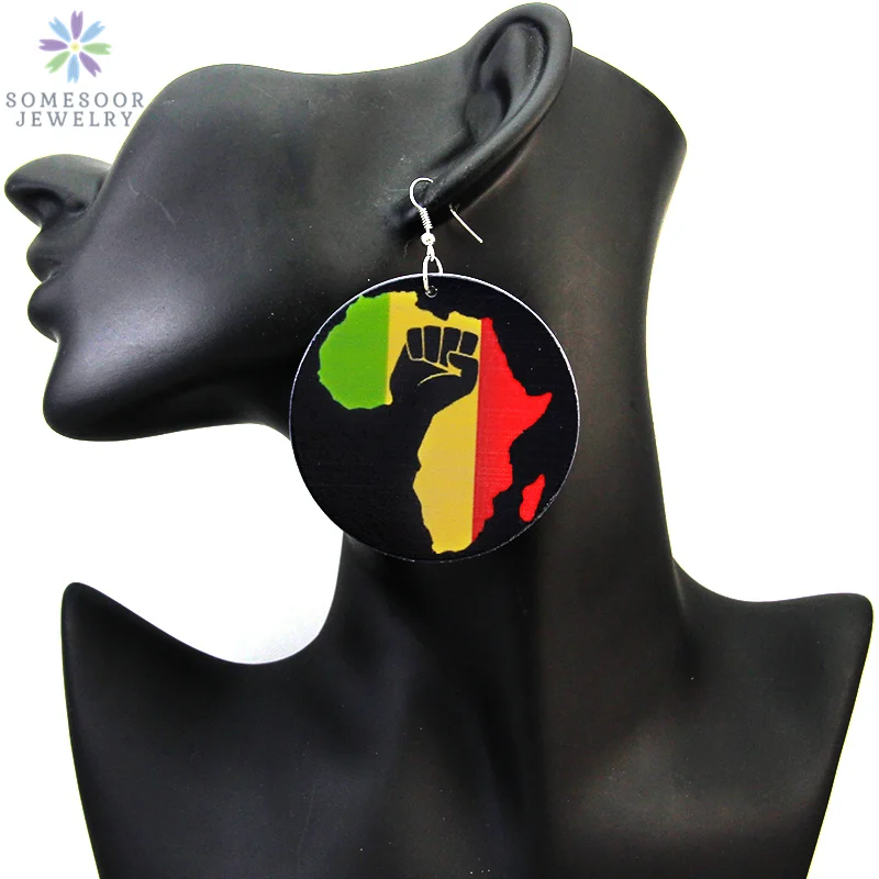 

SOMESOOR 6cm Large Printing African Map Wooden Earrings For Women Black Power Fist Afrocentric Ethnic Colors Custom Jewelry Gift