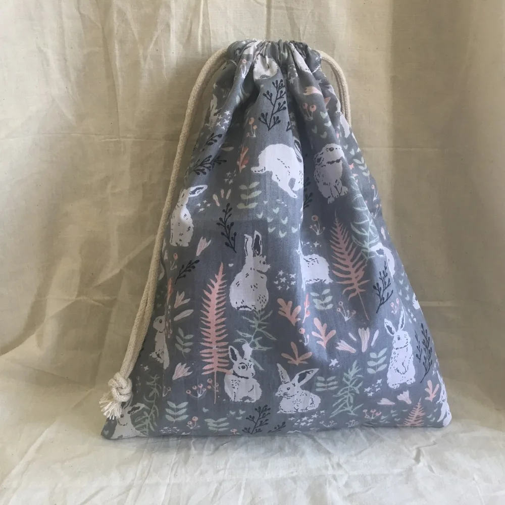 

Cotton Drawstring Eco Organized Pouch Party Gift Bag Print Bunny Gray Base YL311d