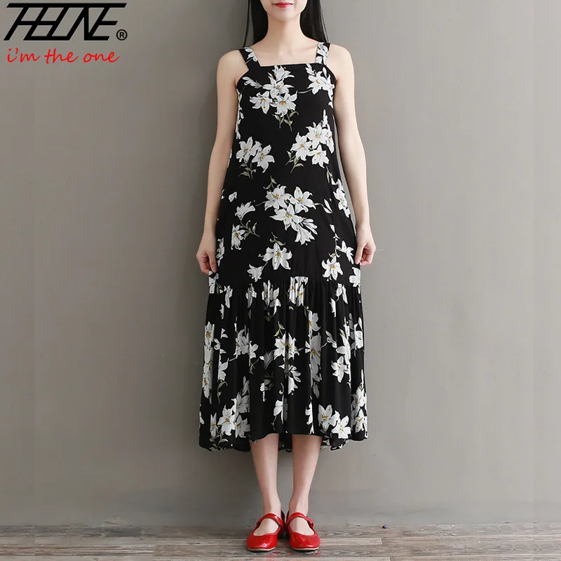 

THHONE Vestidos Women Summer Dress Strap Robe Femme Black Floral Slim Casual Holiday Long Beach Bohemian Dresses Female