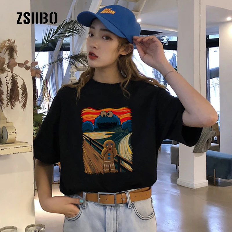 

Summer Women's Fashion Loose Casual Van Gogh Fun ulzzang tops Harajuku Cartoon O-neck Short Sleeve Black New T-Shirt