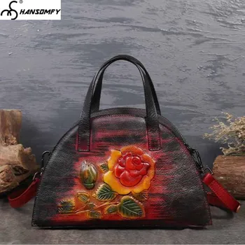 

New Women Handbags Female Retro Leather Diagonal Shoulder Messenger Bags First Layer Cowhide Large Capacity Hand-painted Flowers