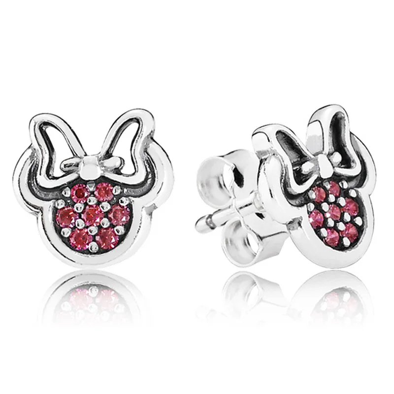 

Authentic 925 Sterling Silver Pan Earring Cute Cartoon Minnie With Crystal Studs Earrings For Women Wedding Gift Jewelry