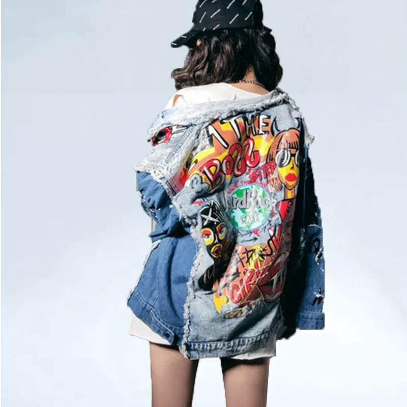 Female Punk Design Graffiti Patchwork Design Vintage Jean Jacket Women Frayed Denim Jacket Coat Casual Loose Spring Autumn Coat Jackets Aliexpress