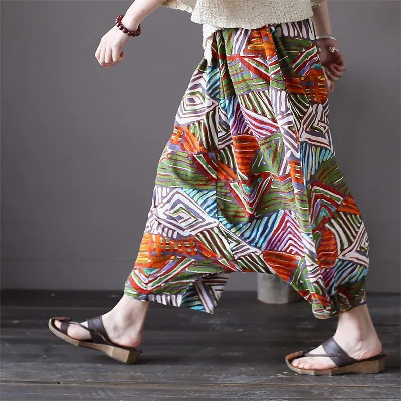 NINI WONDERLAND летние штаны в стиле хип-хоп с принтом, свободные женские брюки с эластичной талией, хлопковые льняные брюки размера плюс, женские брюки