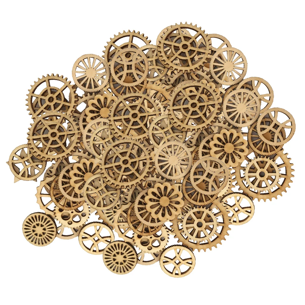 

100x Assorted Size Wooden Gear Craft Embellishment Gift Tag Wood Ornaments for Scrapbooking Painting Drawing Craft 25-50mm