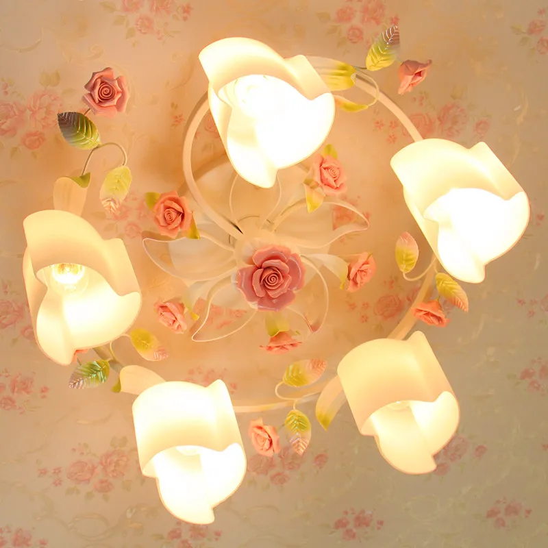 

European-style garden living room Romantic Restaurants white wrought iron pink ceramic flowers glass lampshade Ceiling Lamp c167