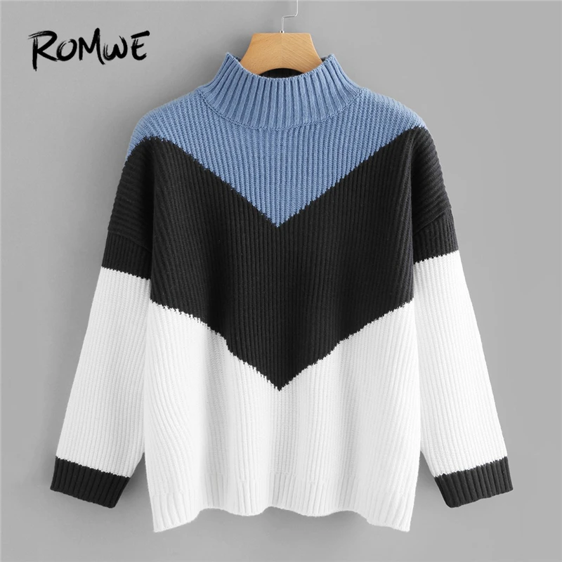 

ROMWE Colorblock High Neck Chevron Pattern Jumper Womans Sweater Tops Women Casual Autumn Winter 2018 Clothing Fashion Pullovers