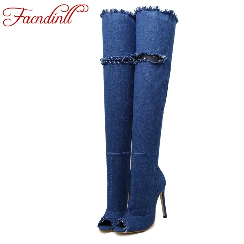 

FACNDINLL new 2017 summer autumn women long boots high quality thin high heels peep toe shoes woman over the knee boots shoes