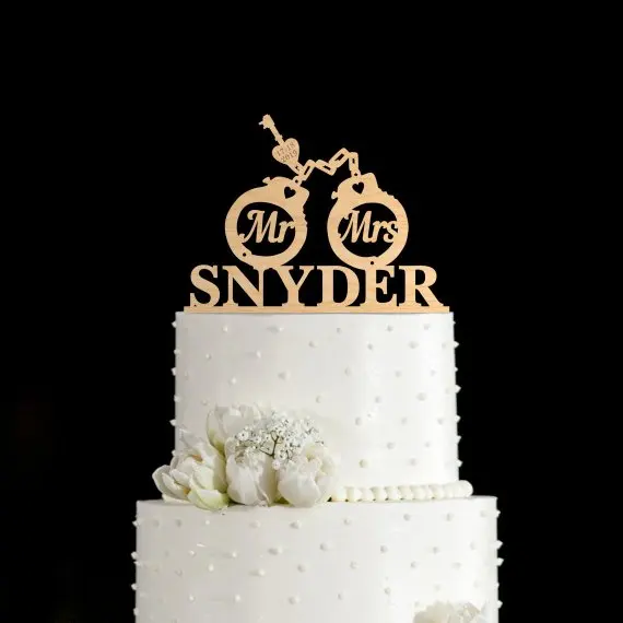 

Custom handcuff wedding cake topper ,Rustic cake topper with last name