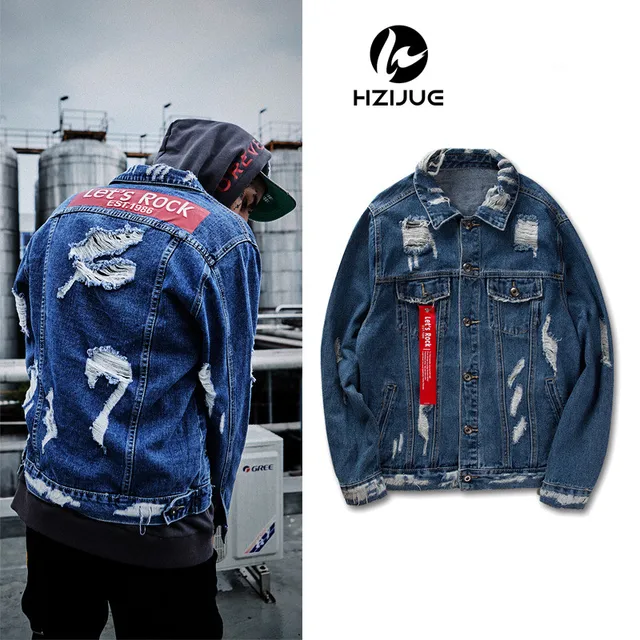 2017 Ribbon Ripped Denim Jacket Mens Vinage Distressed Destroyed Jeans ...