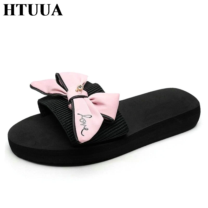 

HTUUA Summer Handmade Bowknot Slippers Women Casual Outdoor Boho Beach Flip Flops Shoes Female Slides Sandals 33-41 42 SX942