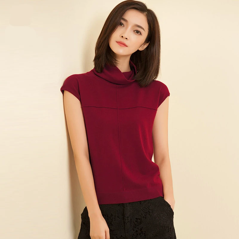 

Soft Elastic Wool Sweaters and Pullovers Heap Collar Short Sleeve Summer Women Cashmere Sweater Female Brand jumpers Pullover