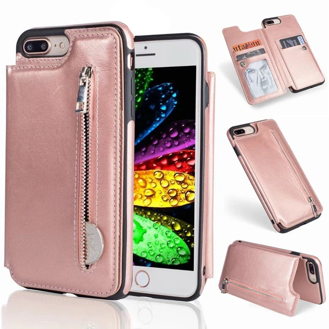 For Apple iPhone 8 Case 8 Plus Zipper Leather & Silicone Flip Cover