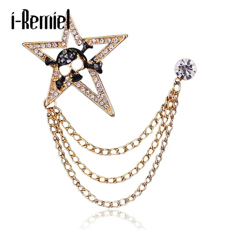 

i-Remiel The new fashion star brooch Men of high-grade corsage, Badges personality skull chain pins Suit collar pin
