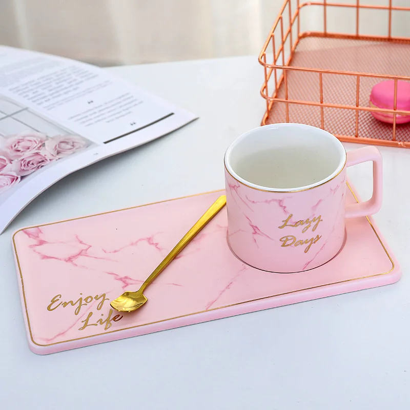 

250ml Coffee Cup European Style Ceramic Home Coffee Mugs with Spoon Coaster Marble Pattern Porcelain Milk Tea Gift Cup