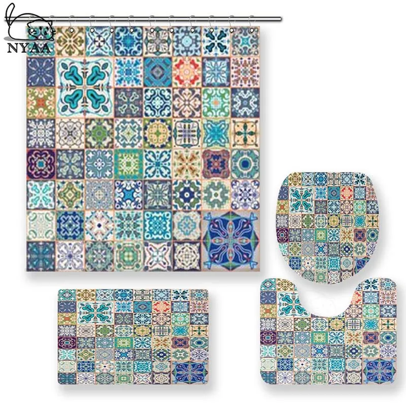 

NYAA 4 Pcs Floral Patchwork Tile Design Shower Curtain Pedestal Rug Lid Toilet Cover Mat Bath Mat Set For Bathroom Decor