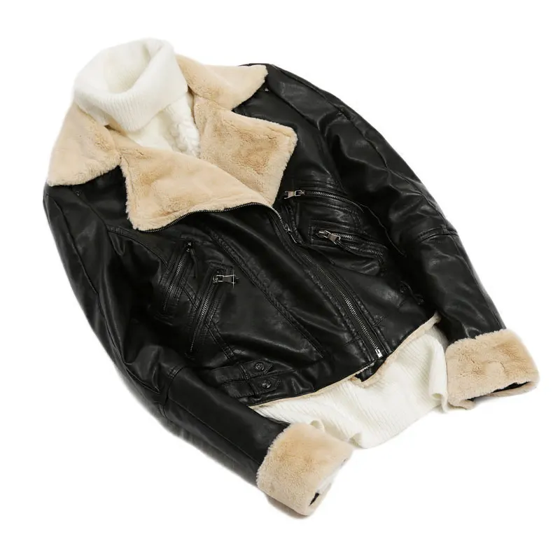Густым мехом кожаная куртка зимнее пальто милая одежда с подкладкой, Для женщин теплая Moto Верхняя одежда воротник пальто jaquetas de couro veste cuir femme chaqueta piel mujer