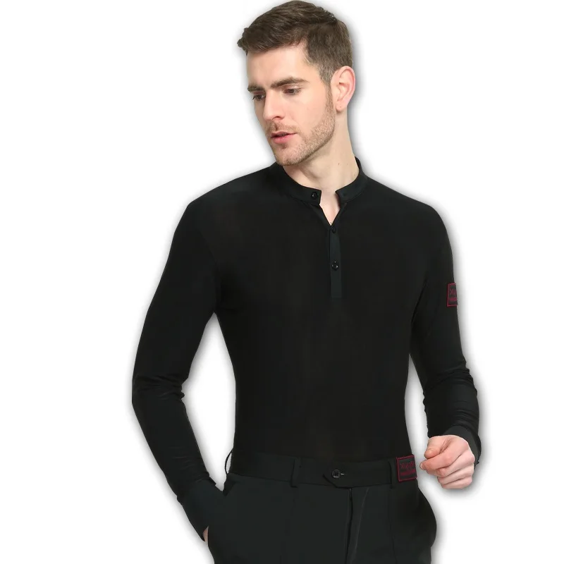 

Black Men's Dancing Shirt Long Sleeves Male National Standard Dance Practice Suit Adult Modern Dance Jacket B-6964